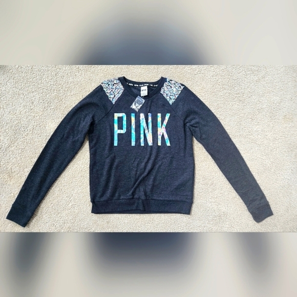 PINK Victoria's Secret Tops - NWOT VS PINK Charcoal Embellished and Iridescent Sweatshirt Size Small